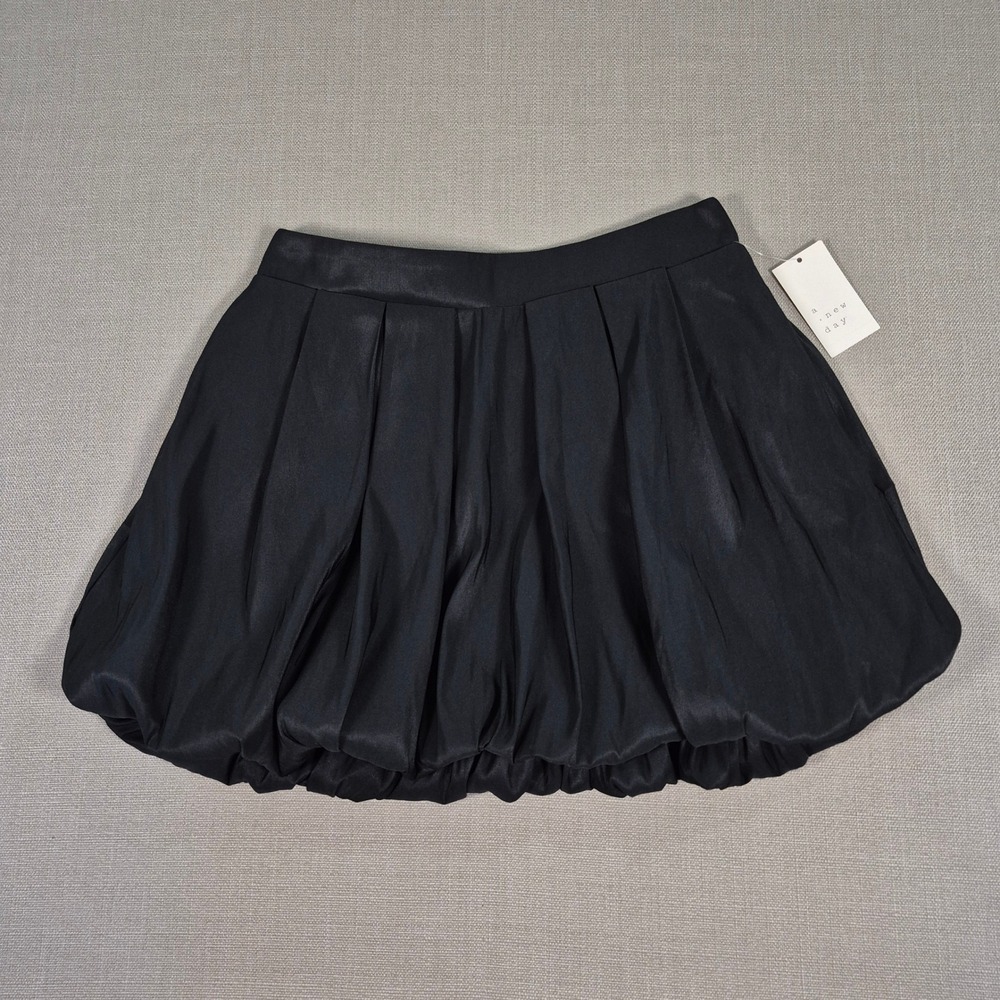 A New Day Womens Black Bubble Mini Skirt Satin Pleated Size M NWT